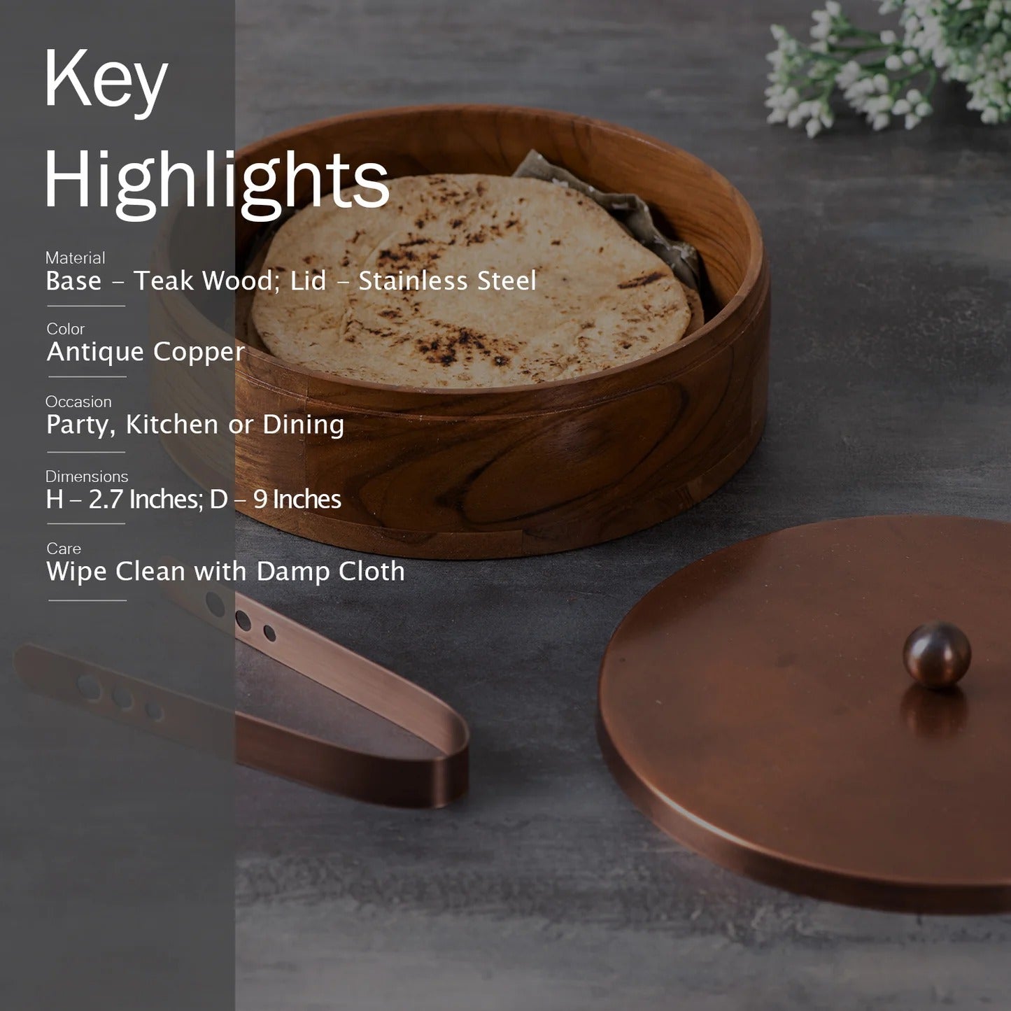 Nestroots Classic Acacia Wood Roti Box Copper Lid with Tong