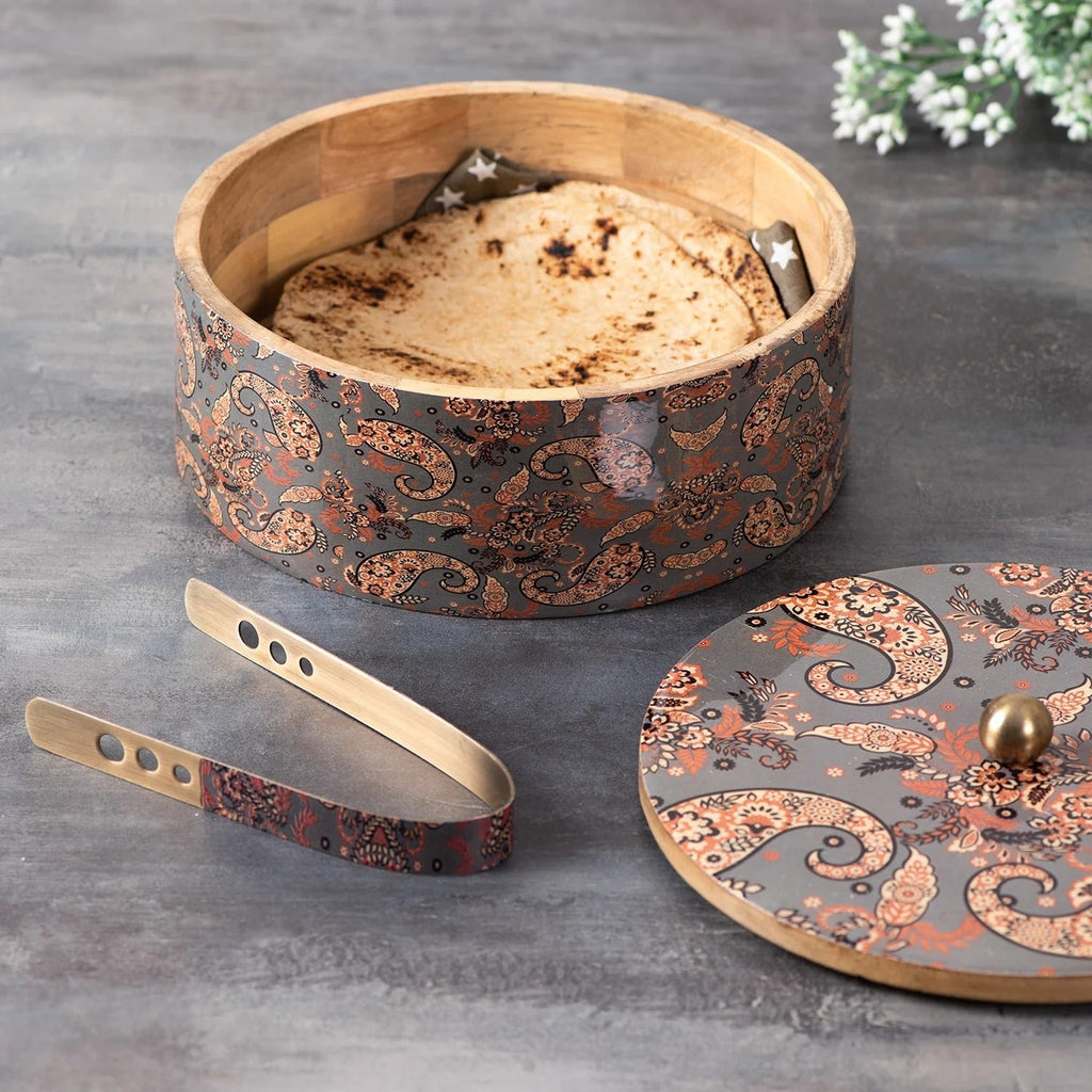 Nestroots Allure Teak Wood Roti Box with Tong Grey Enamel Print