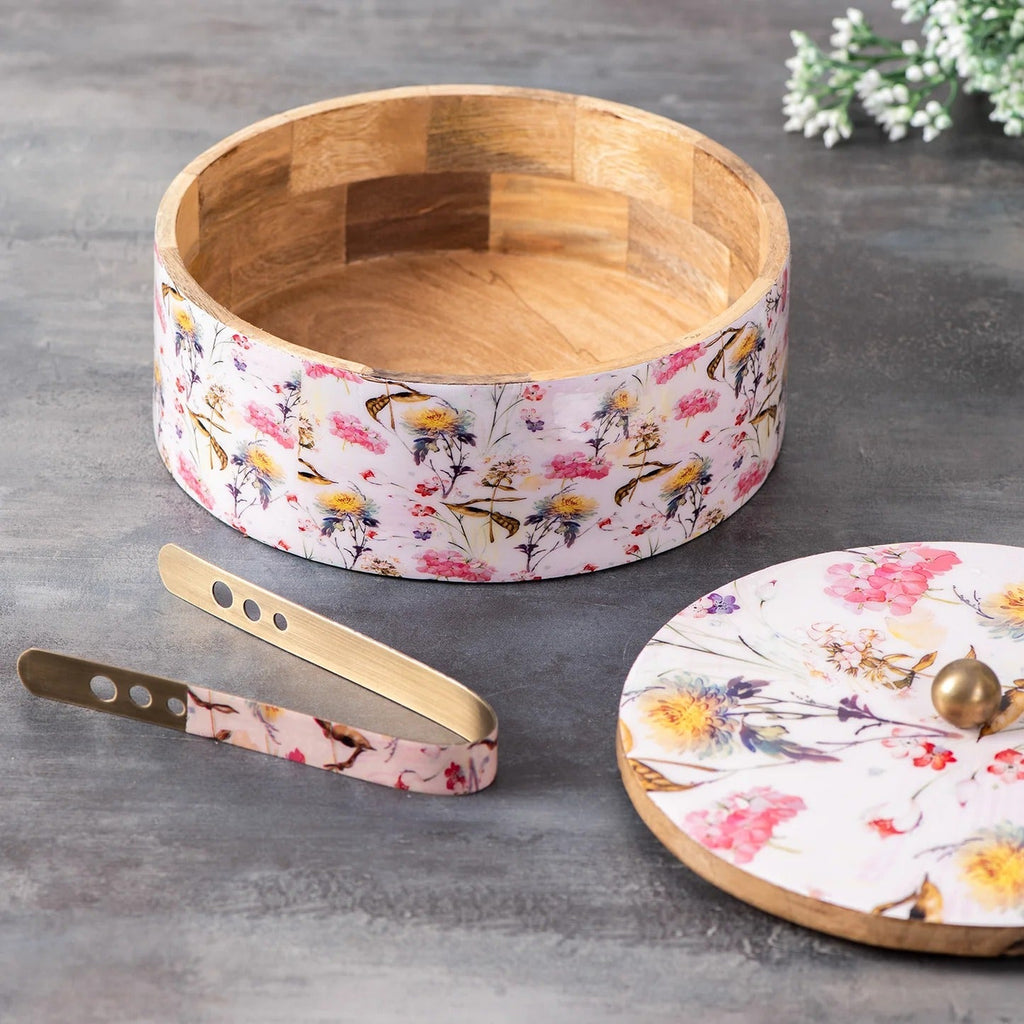 Nestroots Allure Roti Box With Tong Pink Enamel Print Mango Wood