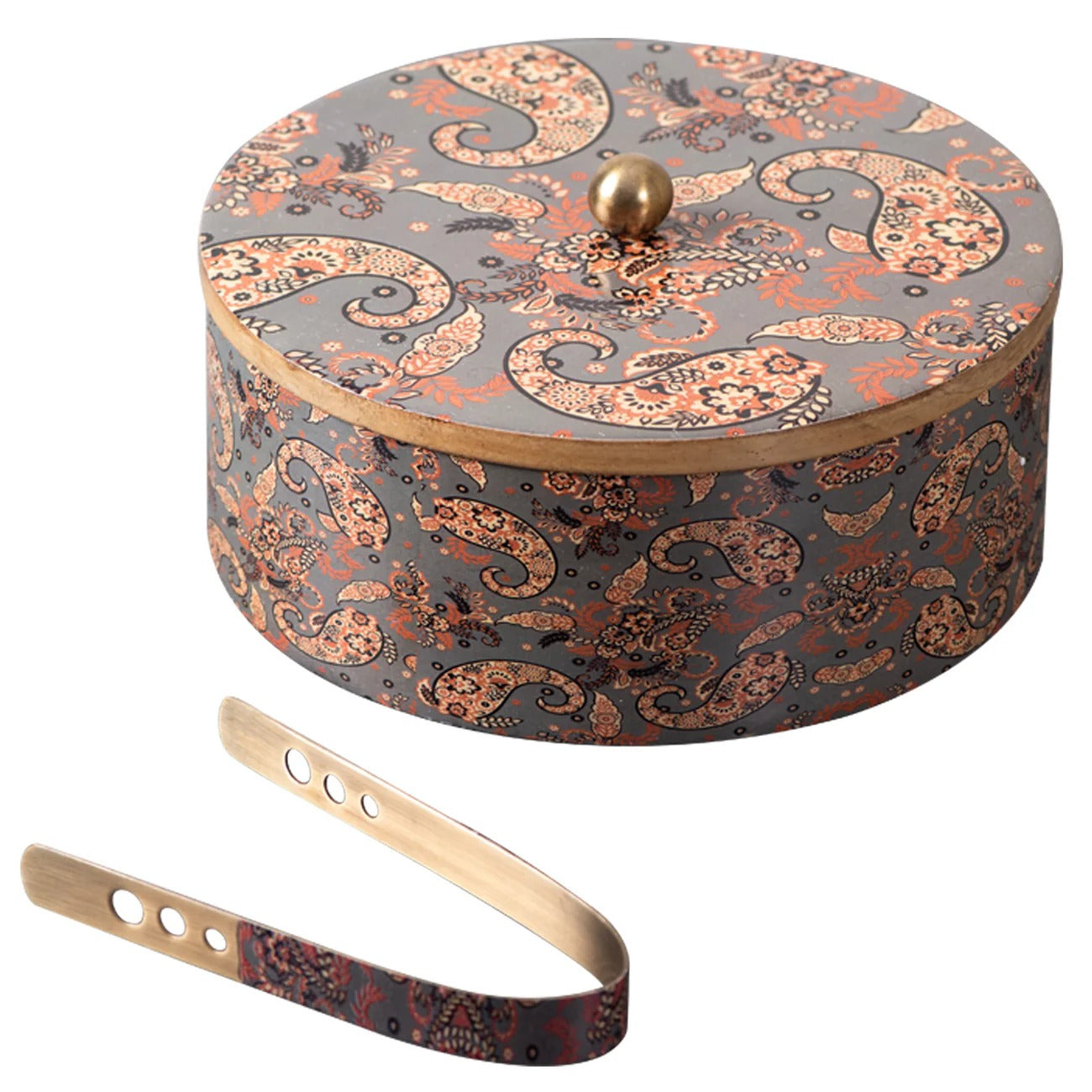 Nestroots Allure Teak Wood Roti Box with Tong Grey Enamel Print