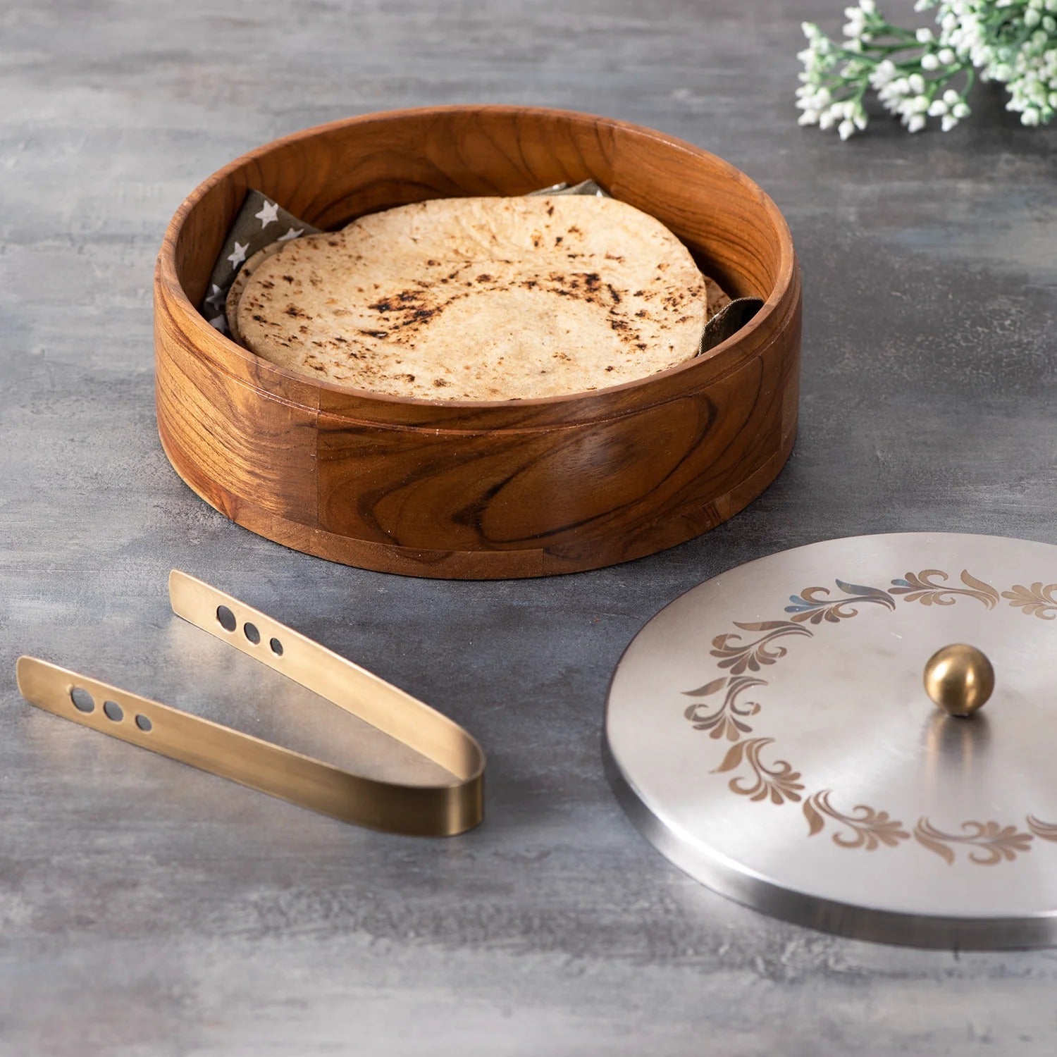 Nestroots Inscribe Acacia Wood Masala Box Silver Laser Design