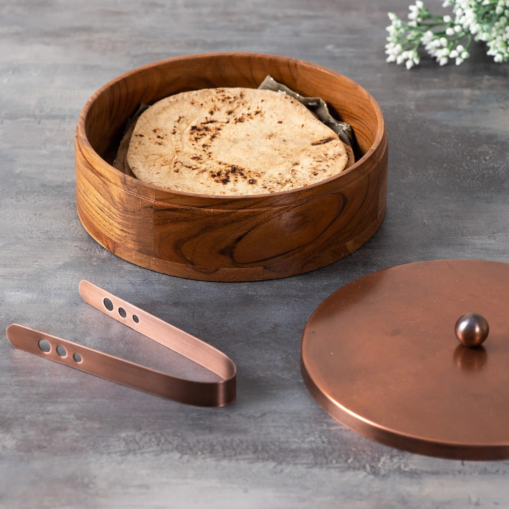 Nestroots Classic Acacia Wood Roti Box Copper Lid with Tong