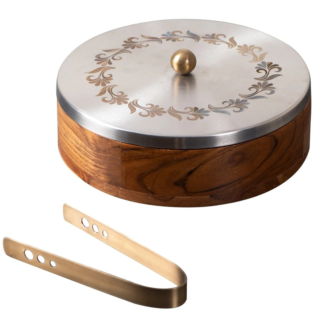 Nestroots Inscribe Acacia Wood Roti Box with Tong Silver Laser Design