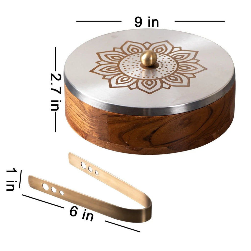Nestroots Inscribe Acacia Wood Roti Box with Tong Floral Silver Laser Design