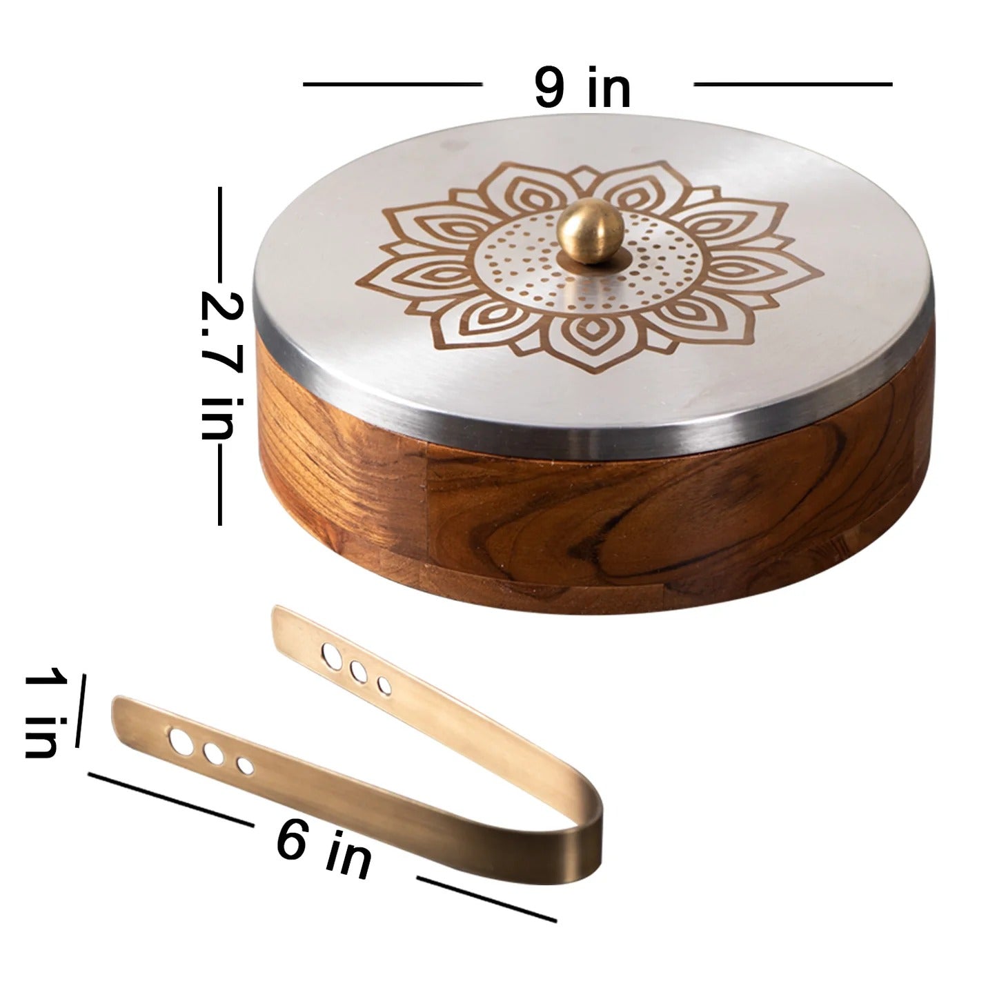 Nestroots Inscribe Acacia Wood Roti Box with Tong Floral Silver Laser Design