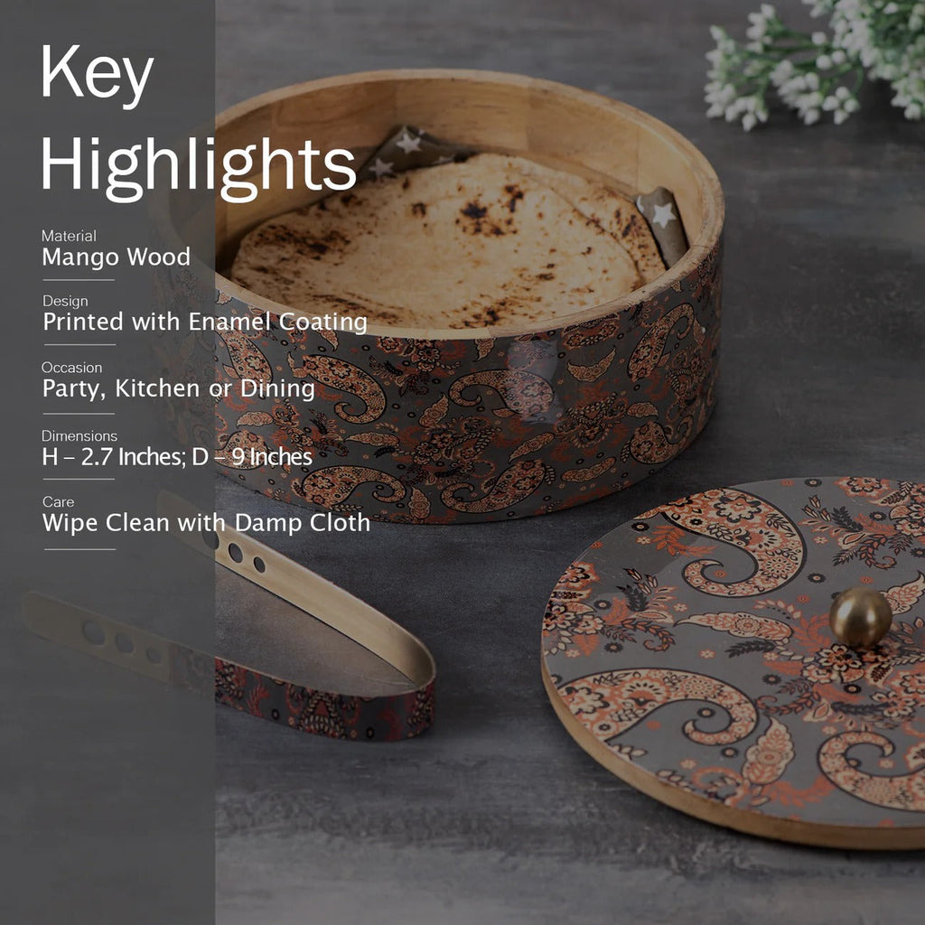 Nestroots Allure Teak Wood Roti Box with Tong Grey Enamel Print