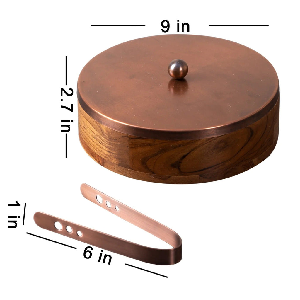 Nestroots Classic Acacia Wood Roti Box Copper Lid with Tong