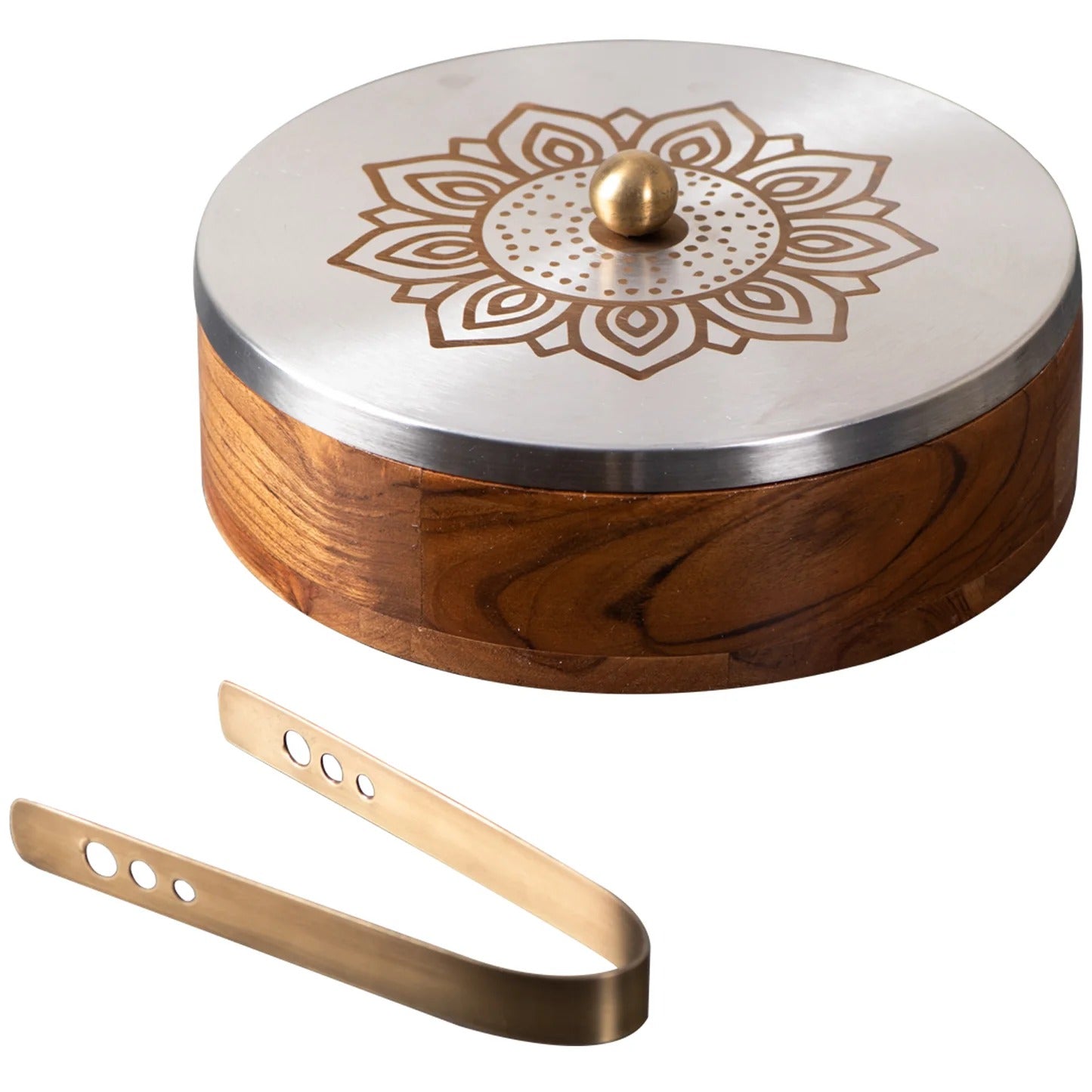 Nestroots Inscribe Acacia Wood Roti Box with Tong Floral Silver Laser Design