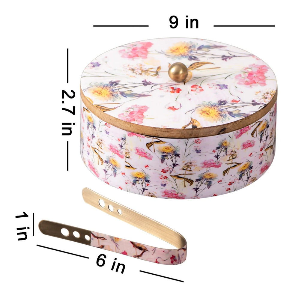 Nestroots Allure Roti Box With Tong Pink Teak Wood Enamel Print