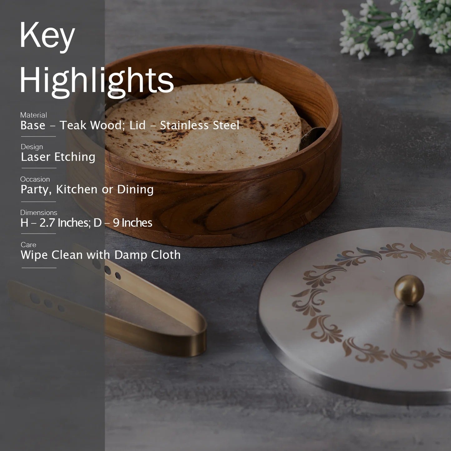 Nestroots Inscribe Acacia Wood Roti Box with Tong Silver Laser Design