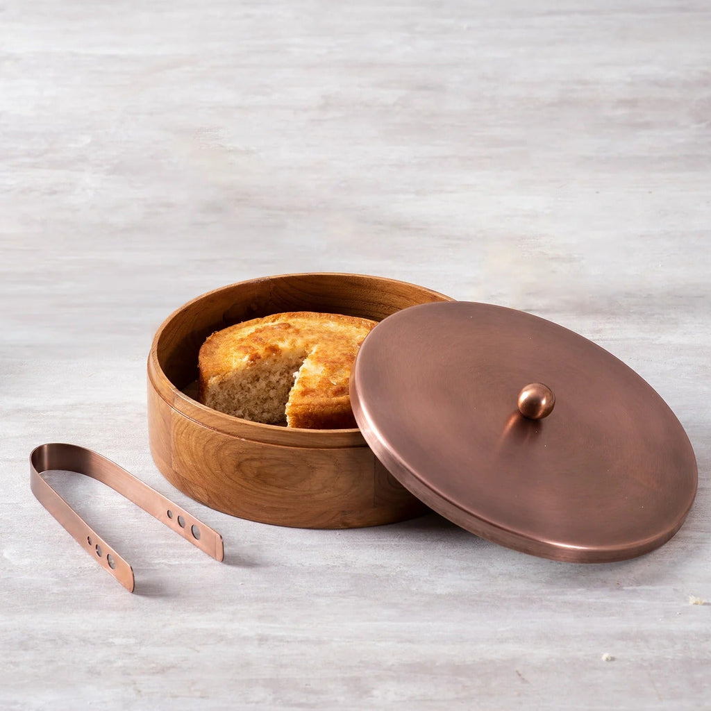 Nestroots Classic Acacia Wood Roti Box Copper Lid with Tong