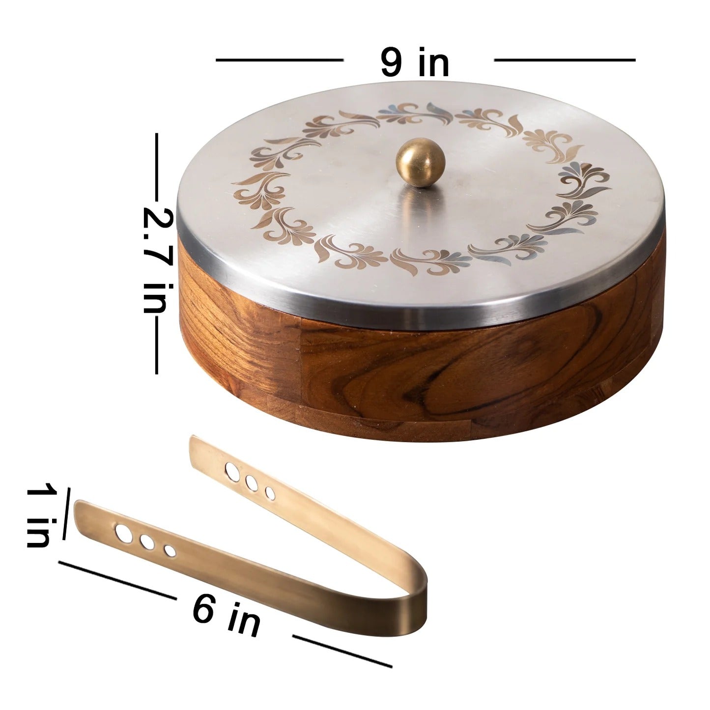 Nestroots Inscribe Acacia Wood Roti Box with Tong Silver Laser Design