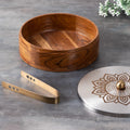 Nestroots Inscribe Acacia Wood Roti Box with Tong Floral Silver Laser Design