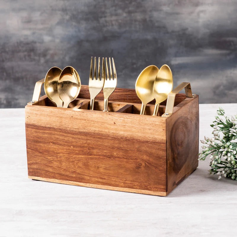 Nestroots Inseparables Teak Wood Cutlery Holder Small Gold Handle Classic