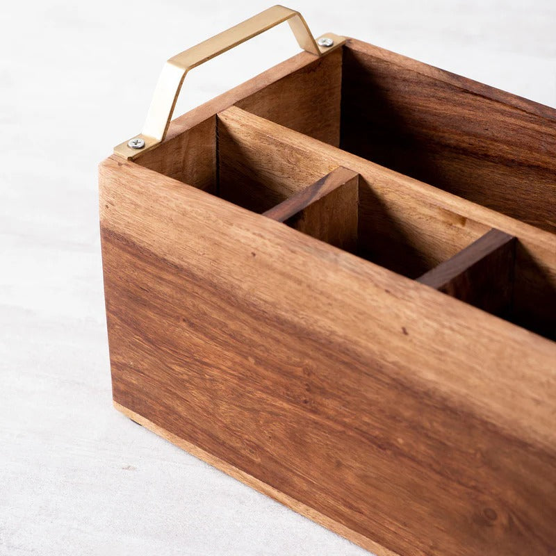 Nestroots Inseparables Teak Wood Cutlery Holder Small Gold Handle Classic