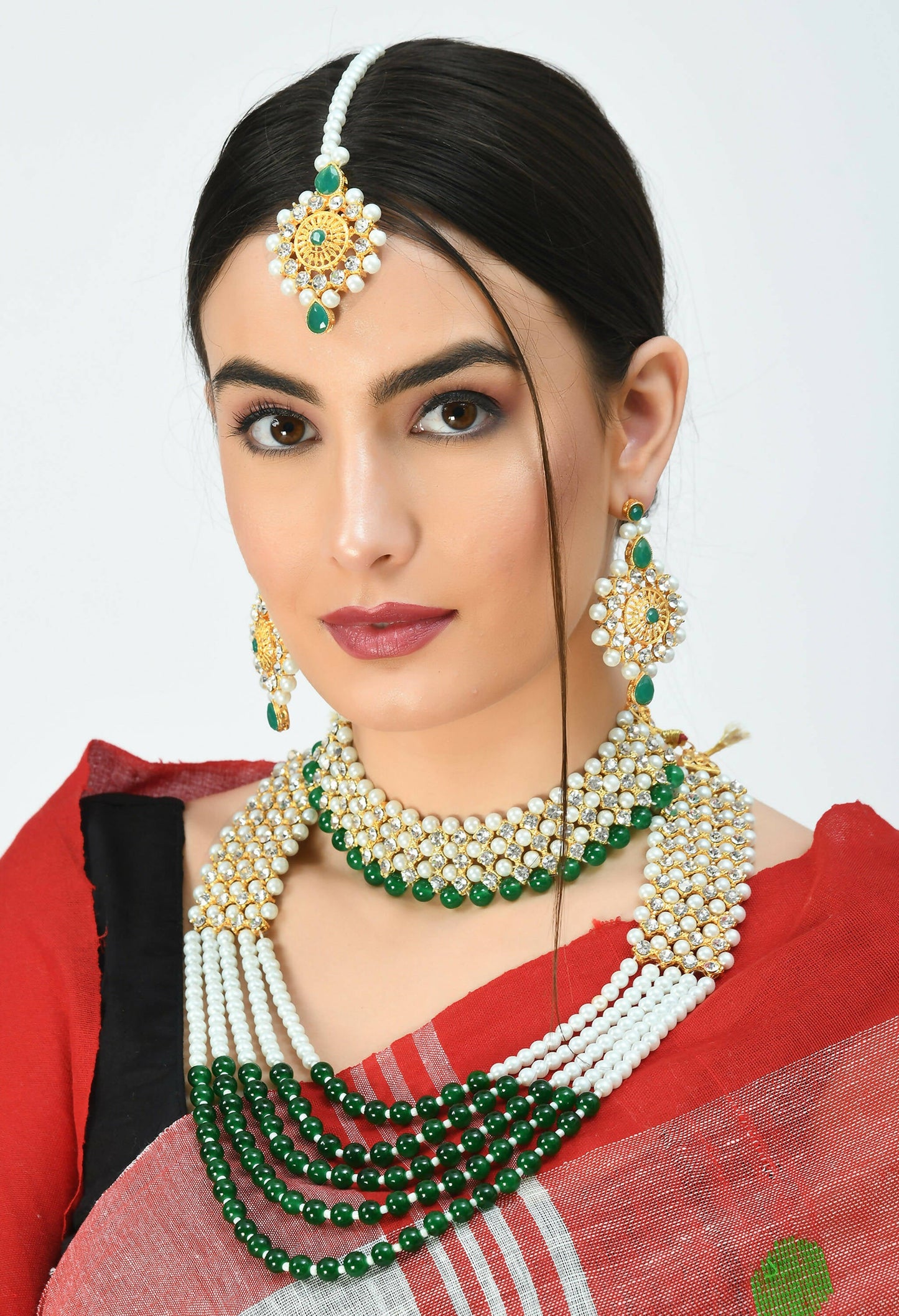 Mominos Fashion Johar Kamal Gold-Polished Rani Haar with Cream Green and Off white Pearls Jewellery Set