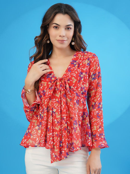 Sangria Red Floral Printed V-Neck Bell Sleeve Georgette A-Line Top