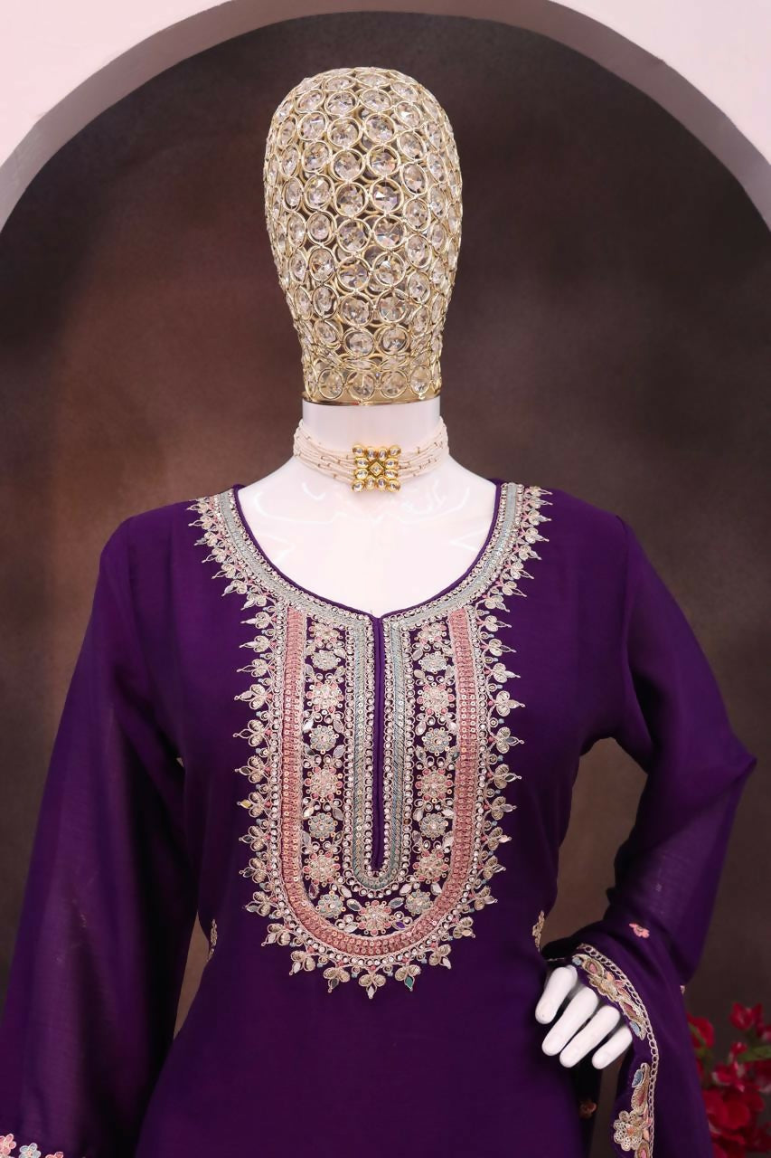 Anaita Violet Heavy Chinon Stitched Suit with Embroidery & Sequence Work
