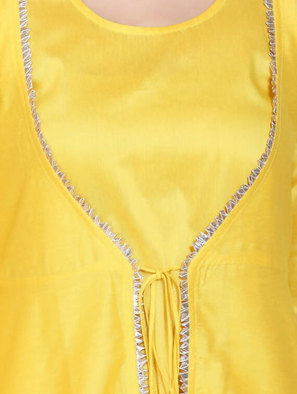 Cheera Women's Yellow Silk Blend With Gota Work Double Layer Dress With Silk Straight Pant Set