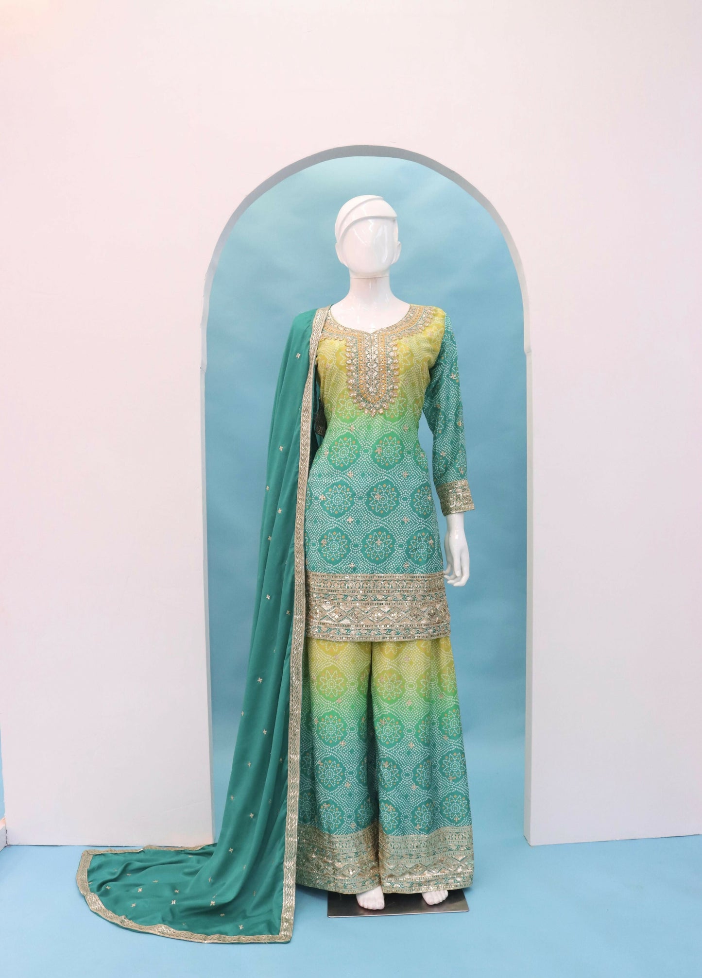 Anaita Green Digital print with Embroidered Silk Stitched Plazo Suit
