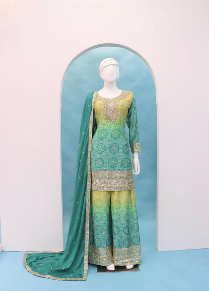Anaita Green Digital print with Embroidered Silk Stitched Plazo Suit