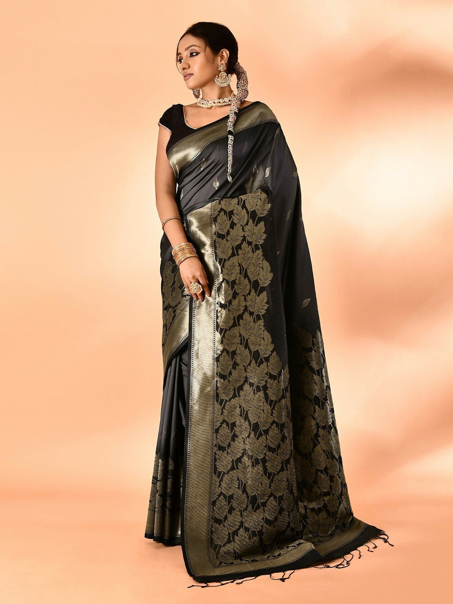 Joban Fashion Grey & Black Plain With Weaving Border Banarasi Silk Sarees