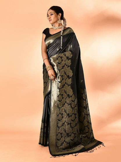 Joban Fashion Grey & Black Plain With Weaving Border Banarasi Silk Sarees
