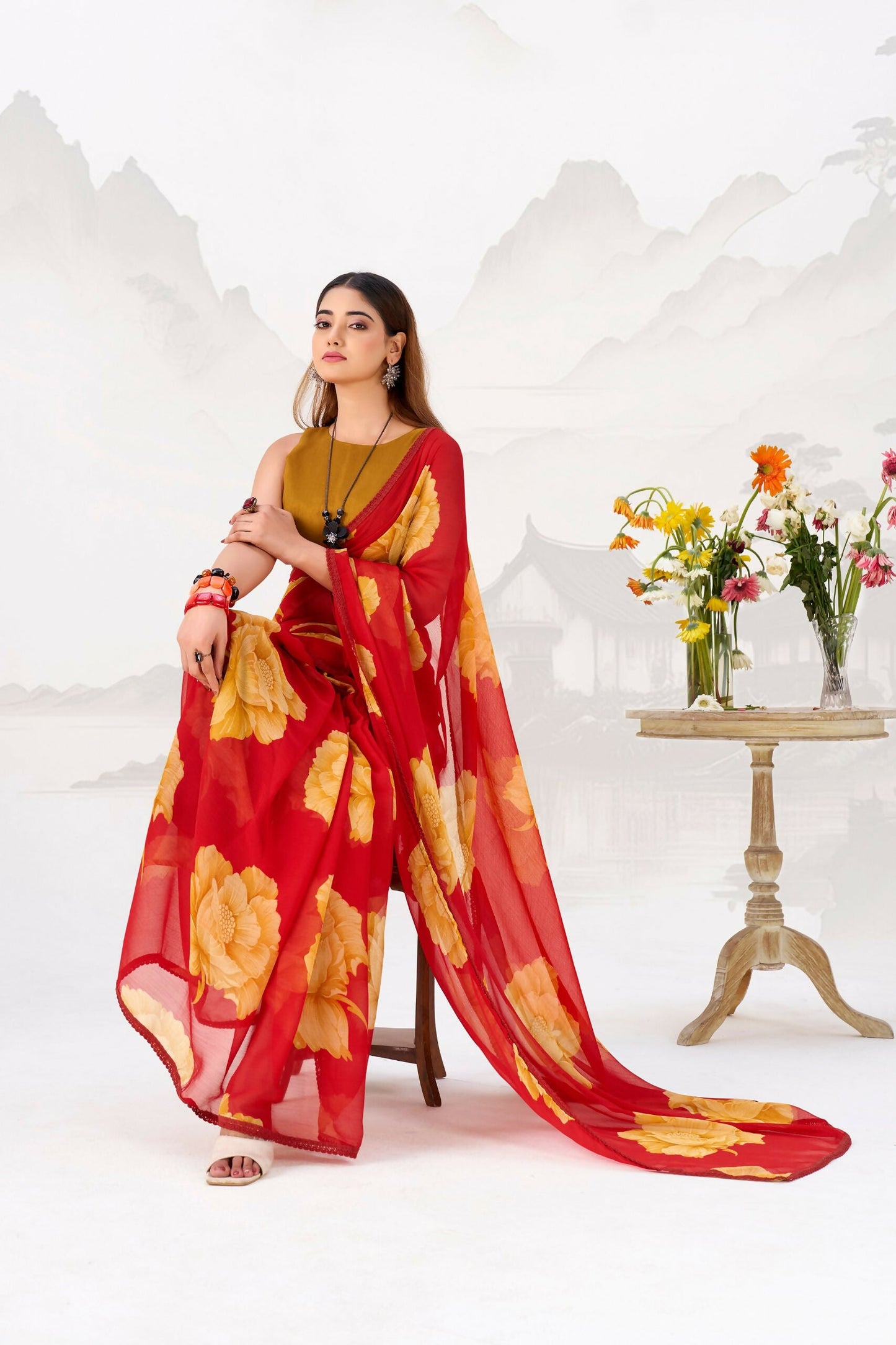Vastranavya Red Floral Print with Lace Border work Chiffon Saree & Unstitched Blouse