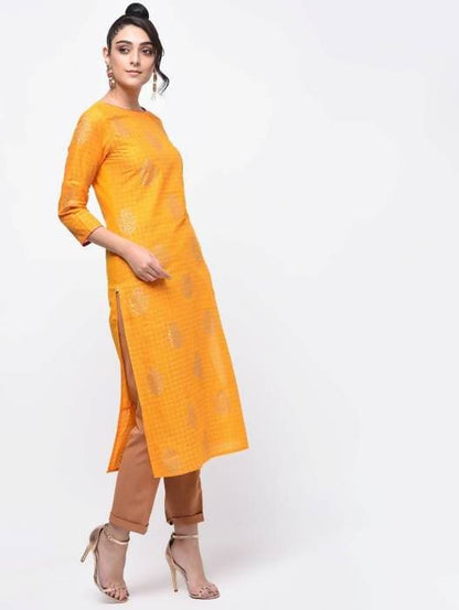 Aniyah Cotton Block Printed Yellow Straight Kurta (AN-137K)