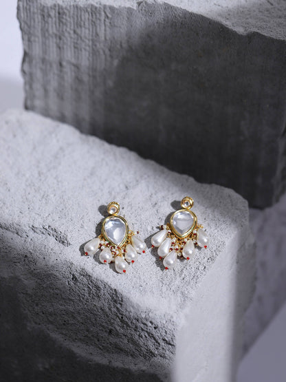 Gold-Toned White Kundan Contemporary Gold-Polished Drop Earrings - Ruby Raang