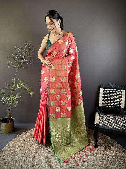 Joban Fashion Orange Elephant Motif Soft Silk Banarasi silk Saree