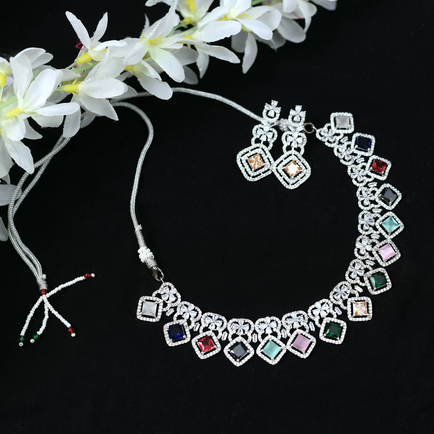 Mominos Fashion Johar Kamal Women Silver-Plated American Diamond Multi Colour Choker Set