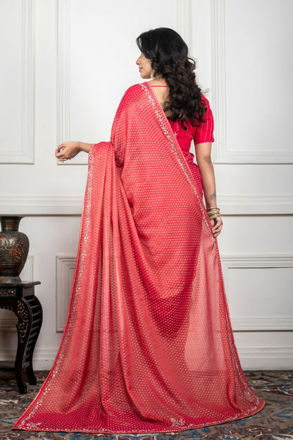 Morchari Pink Pure Chiffon Hand Embroidery Saree And Stitched Blouse