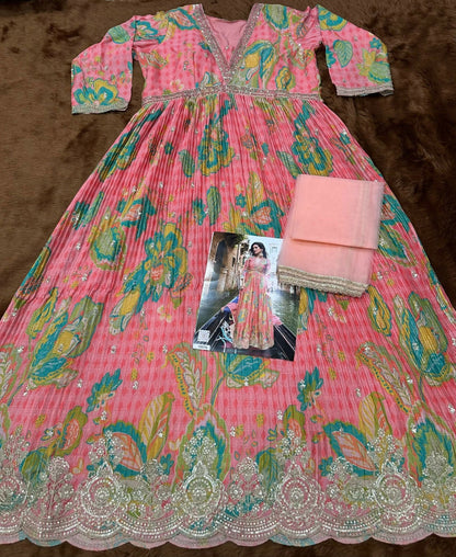 Anaita Pink Chinon Silk Readymade Anarkali Suit with Embroidery Work