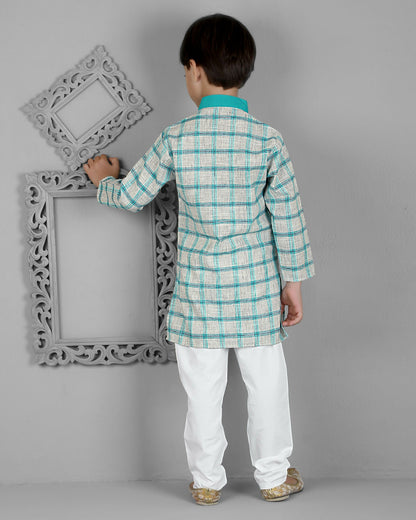 Joban Fashion Kids Island Cotton Full Sleeves Striped Kurta and Pyjama- Teal Blue