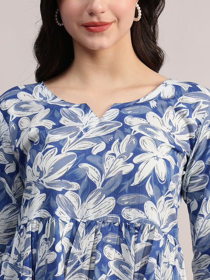 Aavyora Women's Blue Floral Printed Cotton Kurta with Chevron Pattern Palazzo Set
