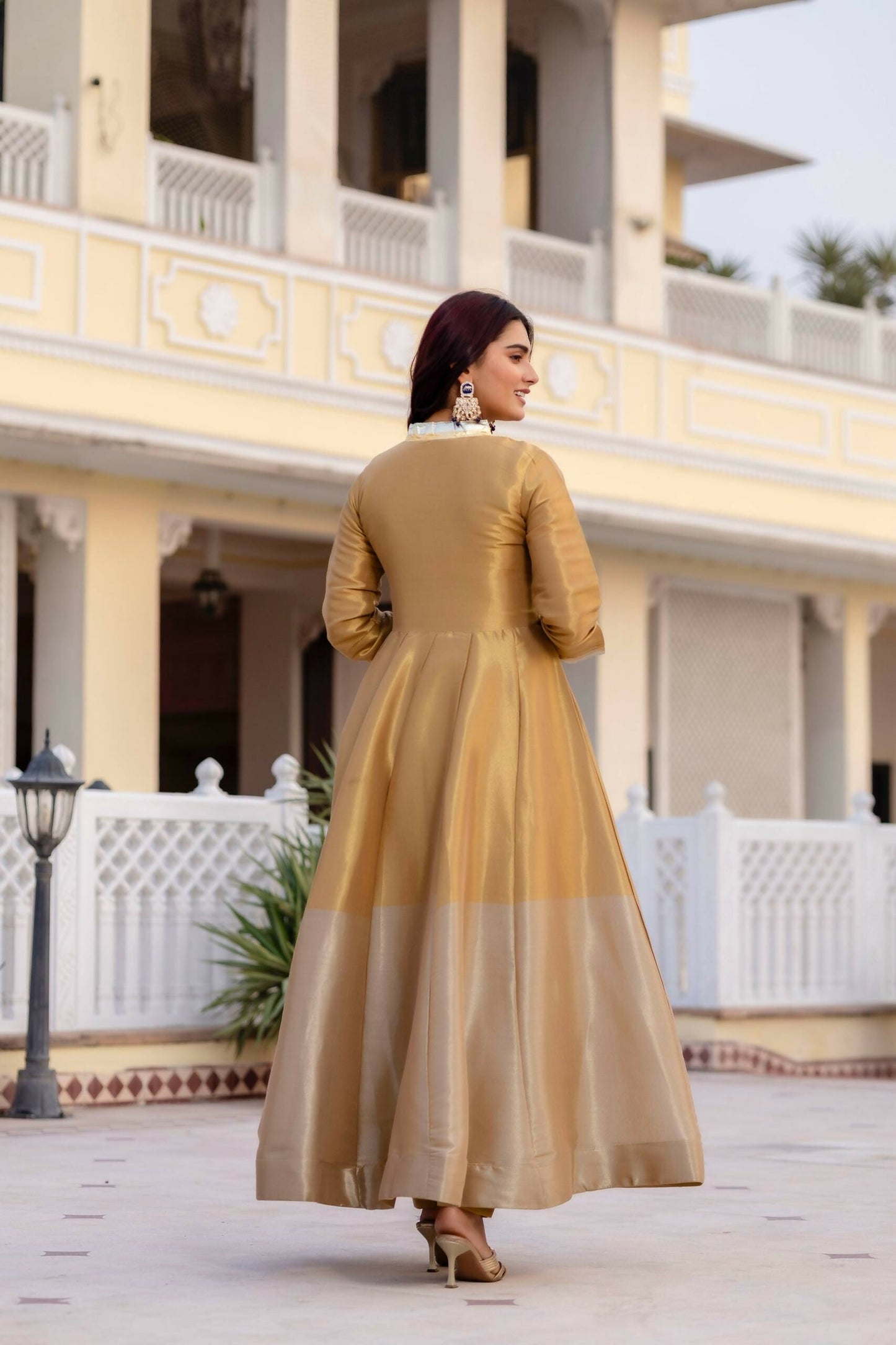 Teeya Creation Multi Color Pure Banarasi Viscose Wedding Wear Long Gown