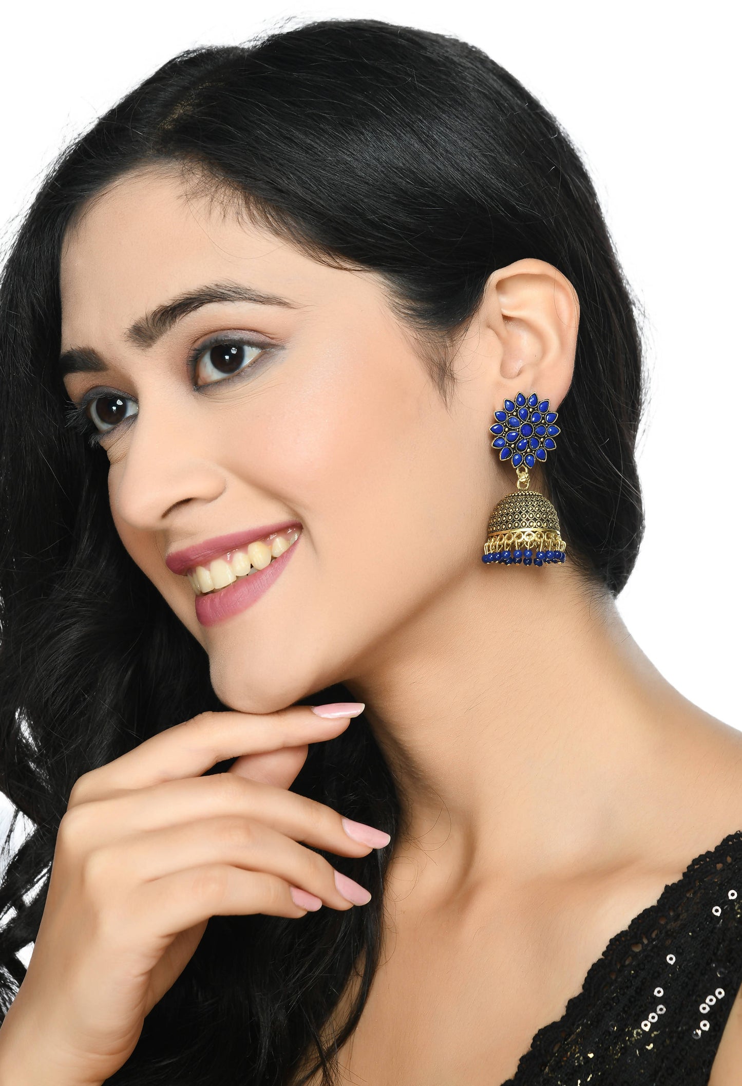 Mominos Fashion Johar Kamal Kundan Work Jhumka With Blue Beads For Women