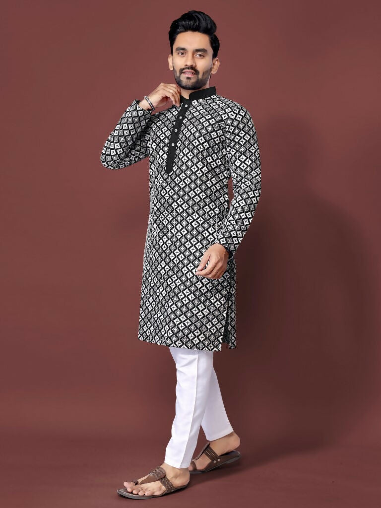 Black Embroidered Mens Kurta with Pajama by Infinity Export