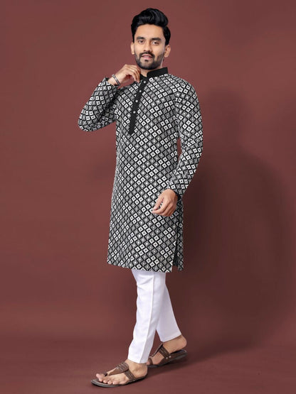 Black Embroidered Mens Kurta with Pajama by Infinity Export