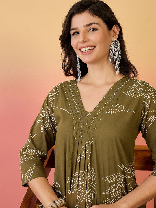 Sangria Green Floral Printed V-Neck A-Line Pure Cotton Kurta Set