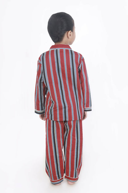 Breathables Kids Cotton Night Suit – Red Stripes Shirt & Pyjama Co-Ord Set For Boys & Girls