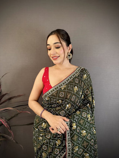 Elora Dark Green Vichitra Silk Animal Motifs Foil Print Sequence Embroidery Work Bandhani Saree