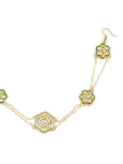 Gold-Polished White Kundan-Studded Pearl Beaded Hair Band - Ruby Raang