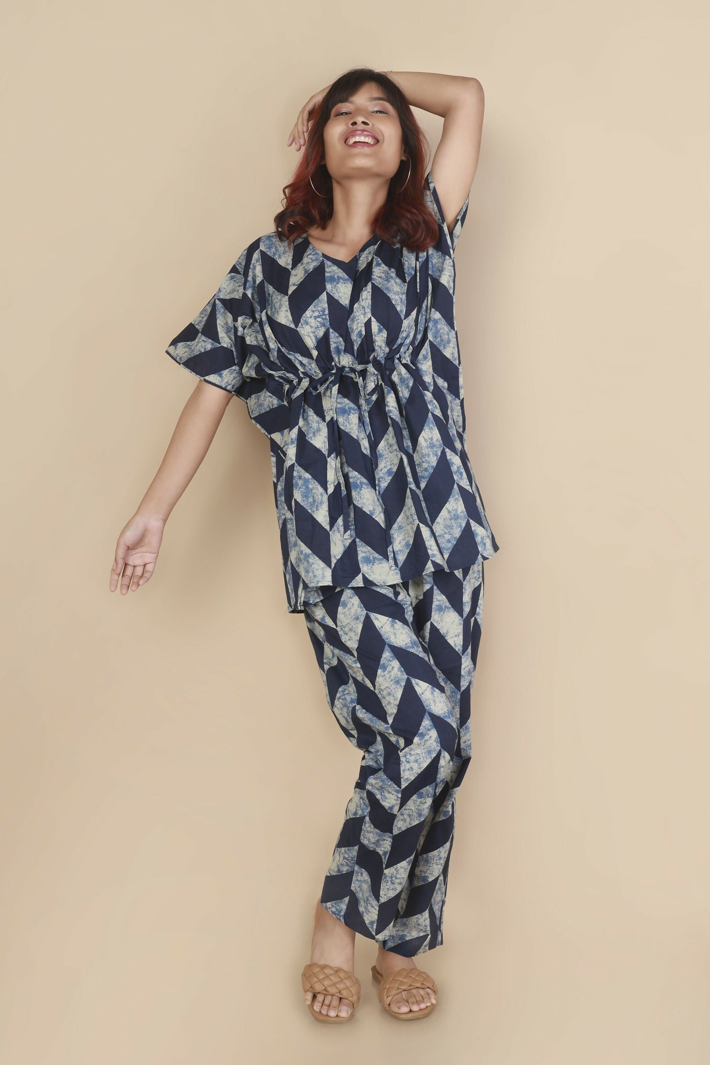 Breathables Women’S Loungewear Kaftan Cotton Blue Geometric Print Co-Ord Set