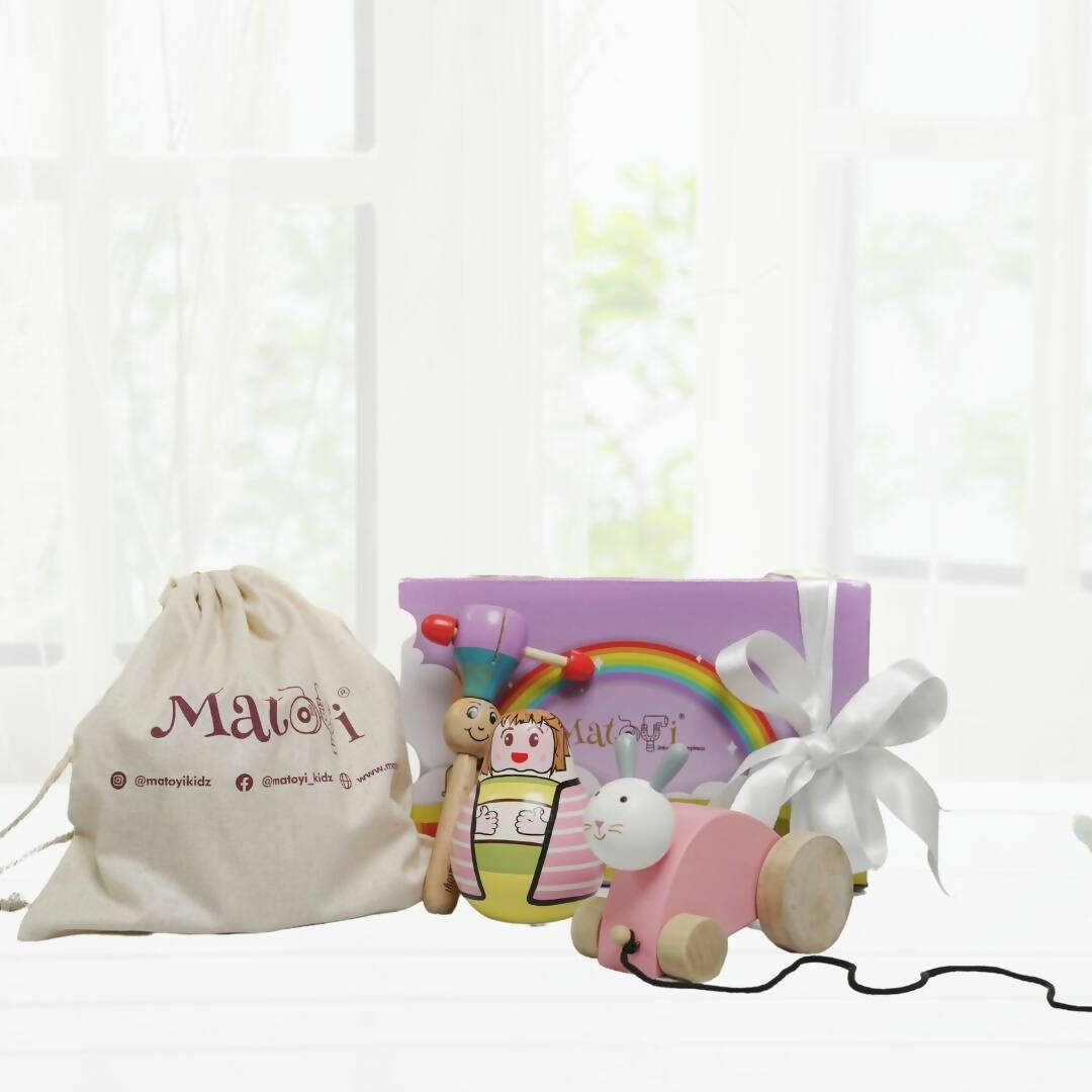 Matoyi Wobbly Doll & Pink Rabbit Pull Along & Maraca Rattle For Kids