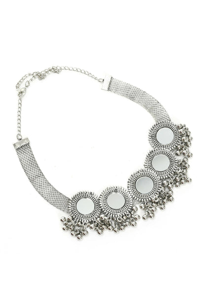 Mominos Fashion Johar Kamal Silver-Plated Brass Finish Mirror Work Women Choker
