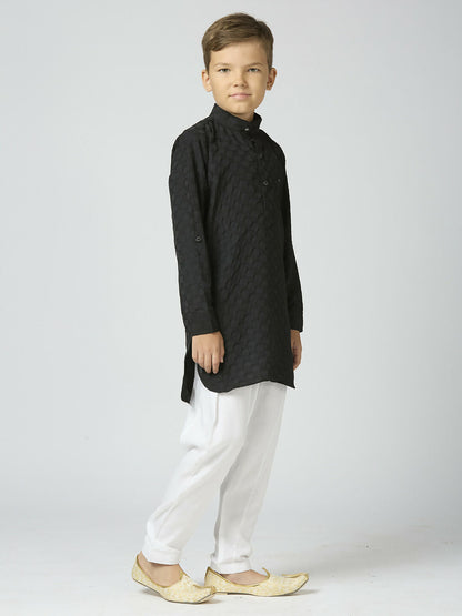 Joban Fashion Kids Island Full Sleeves Texture Cotton Kurta and Pyjama Set - Black