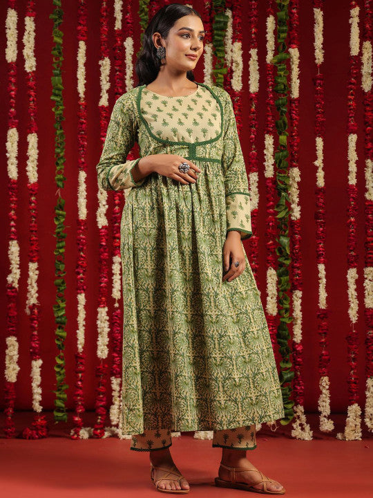 Anayna Cream-Coloured & Green Floral Printed Pure Cotton Anarkali Kurta with Trousers