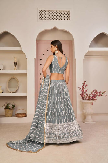 Aastha Fashion Gray Butterfly Net White Cotton Thread Work, Zari Work And Sandwich Sequence Work Embroidery Wedding Wear Lehenga Choli